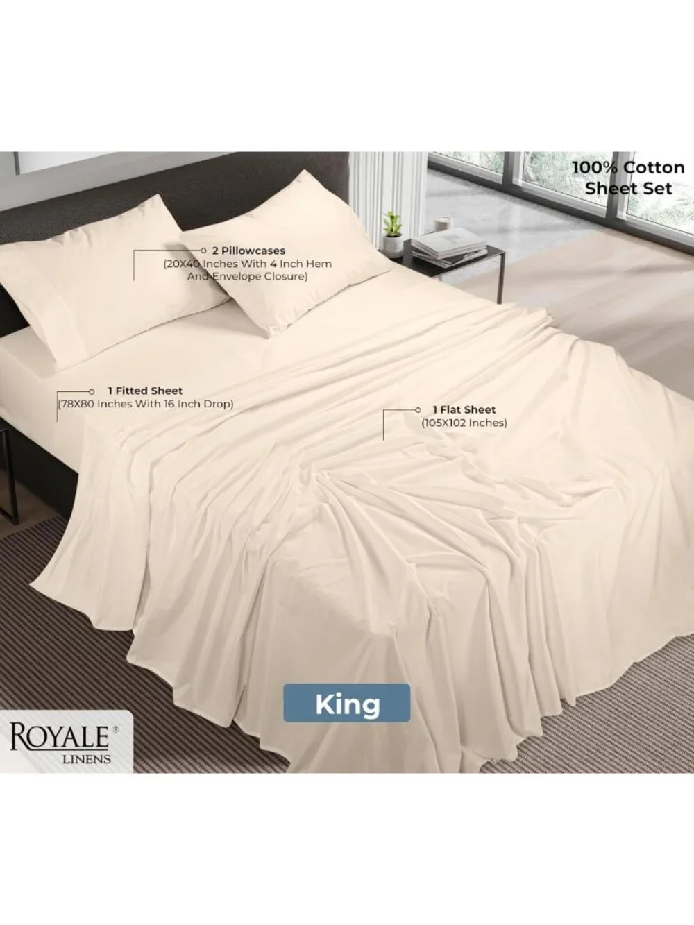 Organic Cotton King Sheet Set - 100% Percale Weave - 4 Pieces - Cream Bed Sheets